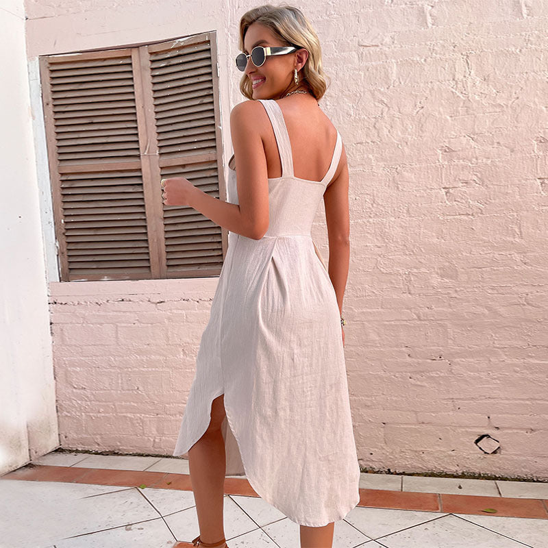 Sundress Summer Solid Color Suspender Slim Irregular Asymmetric Cotton Linen Dress