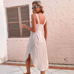 Sundress Summer Solid Color Suspender Slim Irregular Asymmetric Cotton Linen Dress