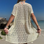 Hollow Out Cutout Knitted V neck Loose Side Drawstring Split Sexy Seaside Vacation Beach Sun Shield