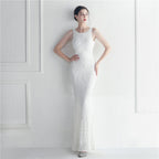 Women's Beaded Floral Sequin Star Wedding Prom Maxi Dress