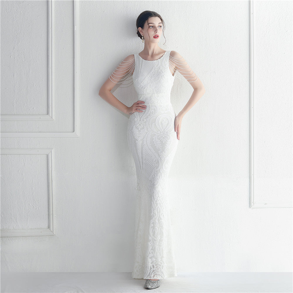 Women's Beaded Floral Sequin Star Wedding Prom Maxi Dress