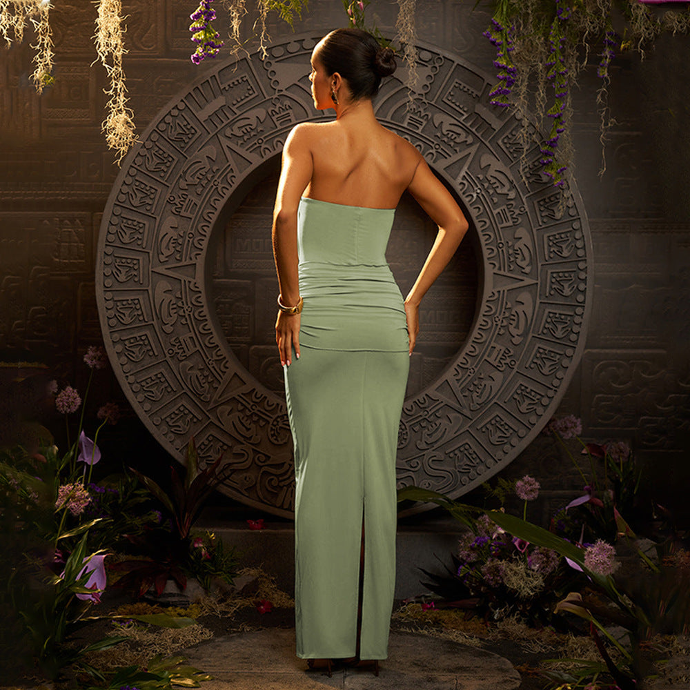 Women's Strapless Pleated Bodycon Maxi Dress