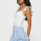 Women’s White Lace Ruffle Tie Front Crop Top