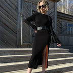 Color-Block Crew-Neck Long-Sleeve Split Knit Bodycon Midi Dress