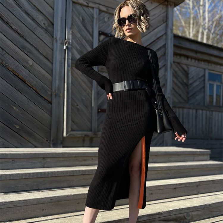 Color-Block Crew-Neck Long-Sleeve Split Knit Bodycon Midi Dress