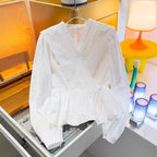 Women's Spring Summer Women Clothing Lace Long-Sleeved Casual Lace Up Shirt