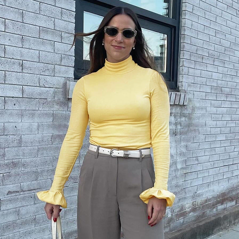 Women's Ruffled Turtleneck U-Hem Long Sleeve Top