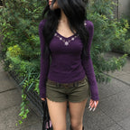 Women's Retro Floral Embroidered Slim Slimming Long Sleeved T Shirt Sexy V Neck Purple Autumn Winter Coat Inner Bottoming Shirt