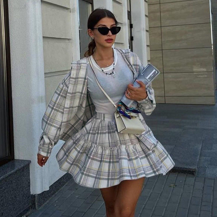 Plaid Collared Long Sleeve Shirt Nipped Waist Skirt Set