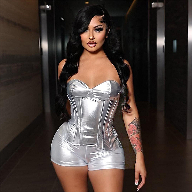 Women's Spring Summer Faux Leather Metallic Body Shaping Tube Top