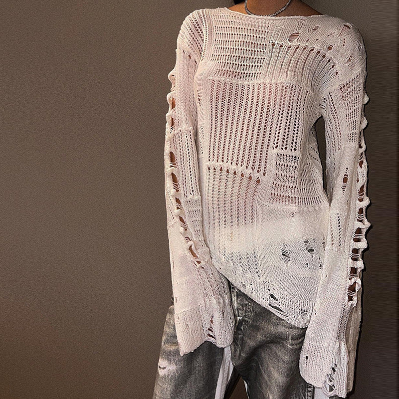 Women's Out Ripped Loose Sweater Beggar Lazy Off Neck Thin Top