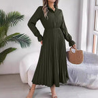 Autumn Winter Casual Collared Button Long Sleeve Cinched Pleated Maxi Dress