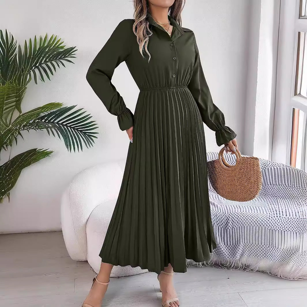 Autumn Winter Casual Collared Button Long Sleeve Cinched Pleated Maxi Dress
