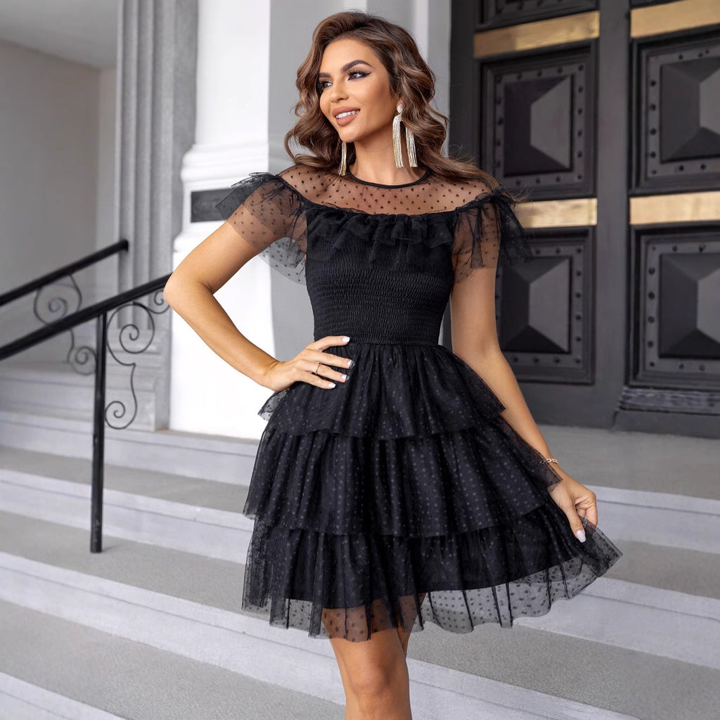 Sexy off Shoulder Collar Mesh Shirt Polka Dot Dress Party Dress