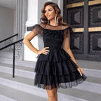 Sexy off Shoulder Collar Mesh Shirt Polka Dot Dress Party Dress