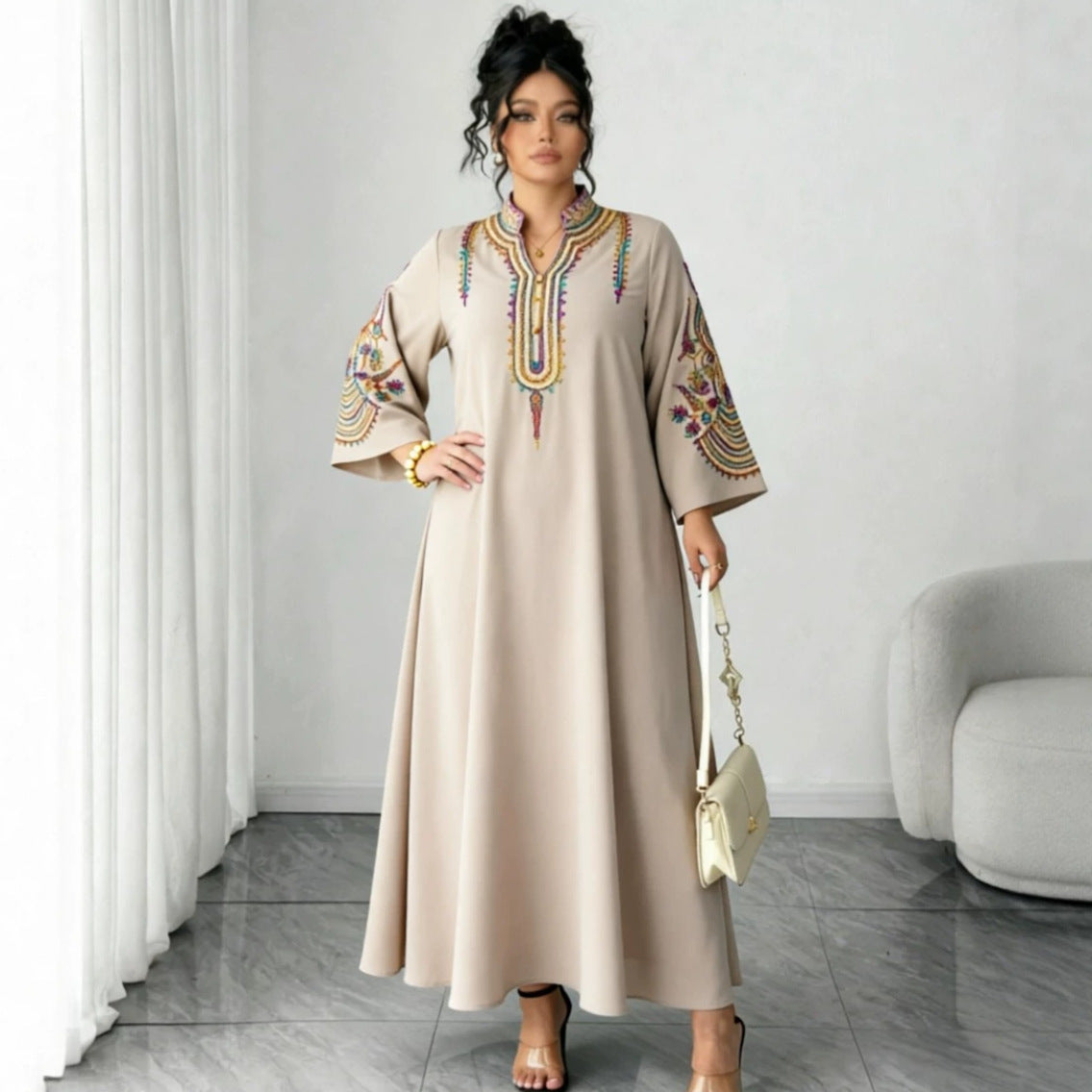Women's Ethnic Embroidered Pullover Dress Loose Robe Rope Embroidery Craft Women Clothing