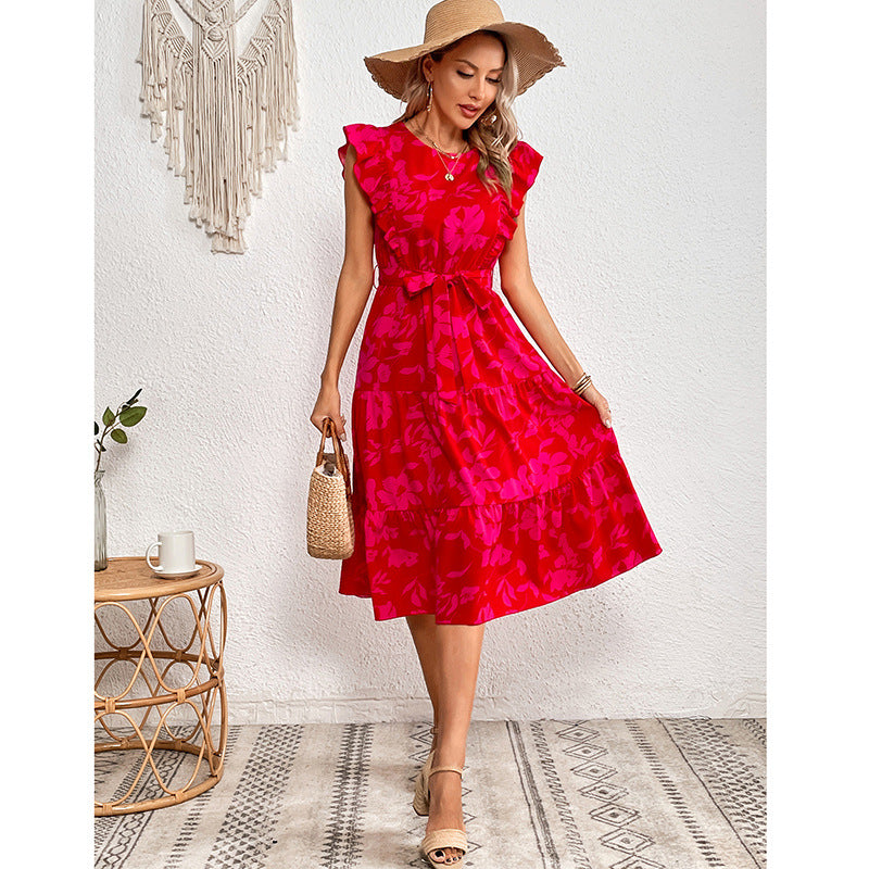 Summer Printed round Neck Ruffled Short-Sleeve One Piece Dress