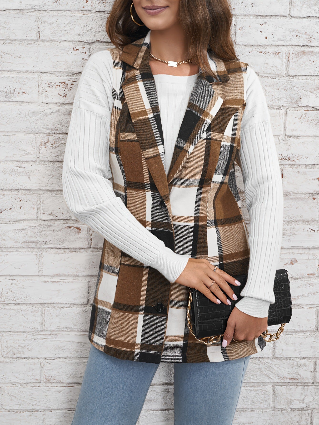 Polo Collar Plaid Vest Coat