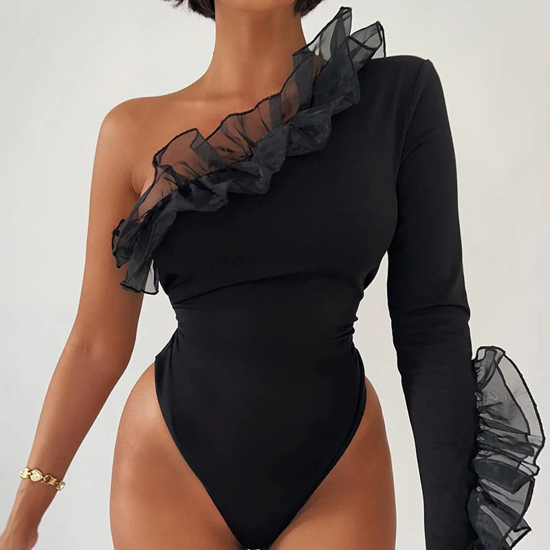 Women's One Shoulder Mesh Long Sleeve Bodysuit Top