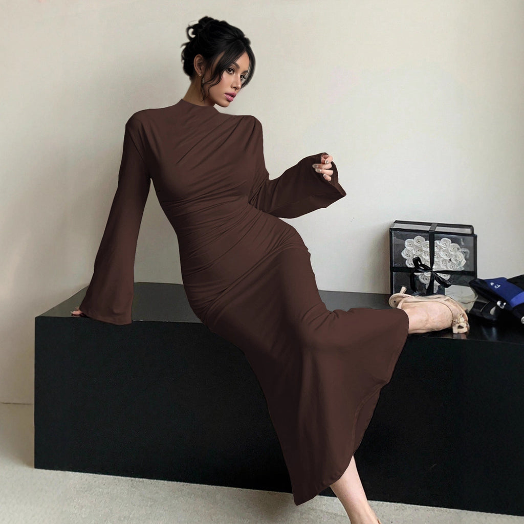 Minimalist Dress Slim Fit Wild Bell Sleeve Half Turtleneck Sheath