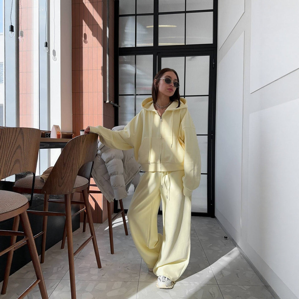 Autumn Winter Loose Hooded Zipper Sweatshirt Suit Two Piece Casual Sports Pants Women Solid Color