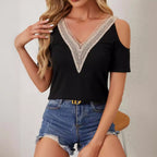 Women's Lace V-Neck Applique Short Sleeve Top