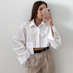 Women's Autumn Cropped Asymmetric Stitching Casual Dignified Sense Of Design Short Model In White Color Shirt Women Clothing
