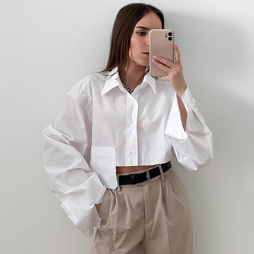 Women's Autumn Cropped Asymmetric Stitching Casual Dignified Sense Of Design Short Model In White Color Shirt Women Clothing