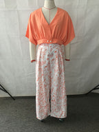 Women's V Neck Short Printed Top and Pants Two-Piece Set