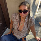 Plaid Shirt Summer Retro Coffee Color Pleated Sexy Stringy Selvedge Lace up Peter Pan Collar Shirt
