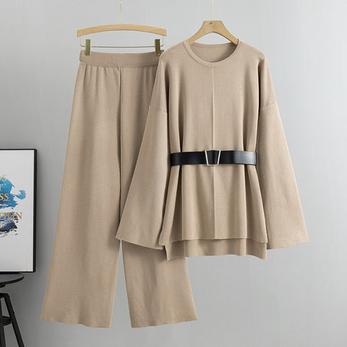 Women’s knit sweater and wide-leg pants set in khaki, belted waist detail.