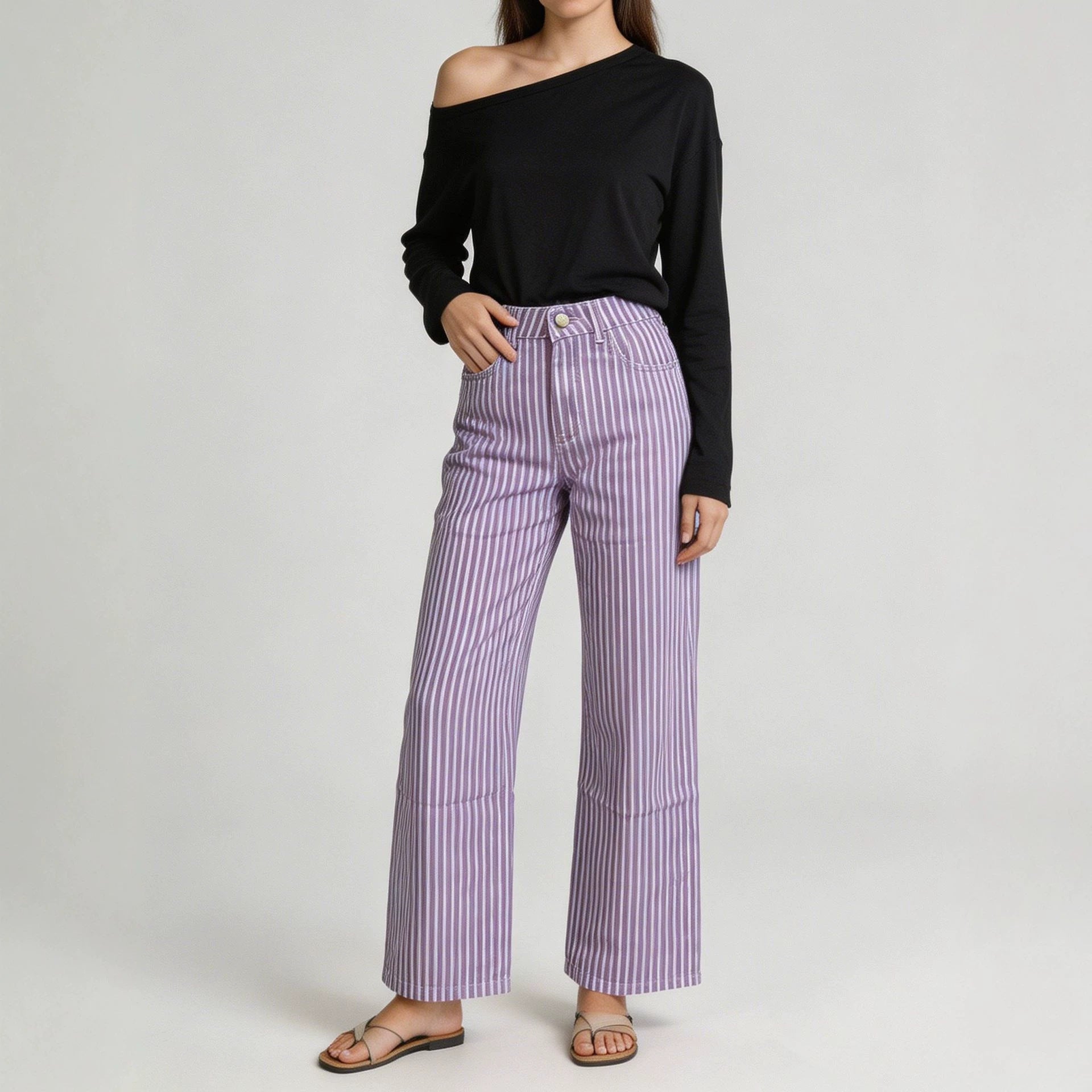 Multi Color Stripe Design Casual Straight Leg Jeans
