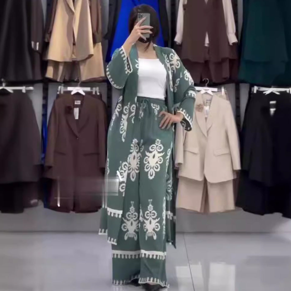 Printed Long-Sleeve Top & Wide-Leg Pants Two-Piece Set