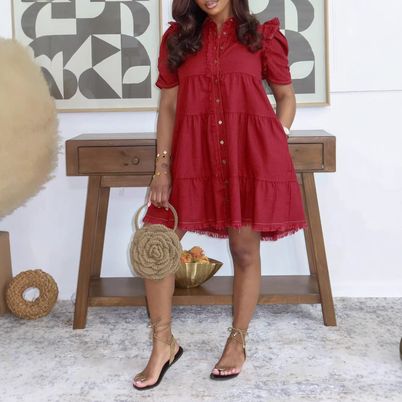 Button-Front Short-Sleeve Shirt Dress