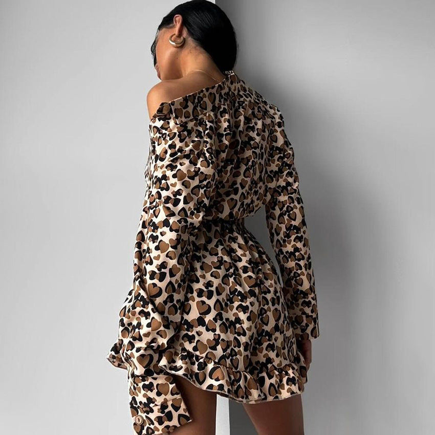 Fall Thin Type Leopard Print Home Wear Women Long Sleeve Spaghetti Strap Ruffle Shorts Three Piece Set Skin Friendly Breathable