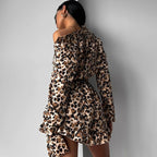 Fall Thin Type Leopard Print Home Wear Women Long Sleeve Spaghetti Strap Ruffle Shorts Three Piece Set Skin Friendly Breathable