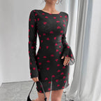 Heart-Print Bell-Sleeve Mesh Dress