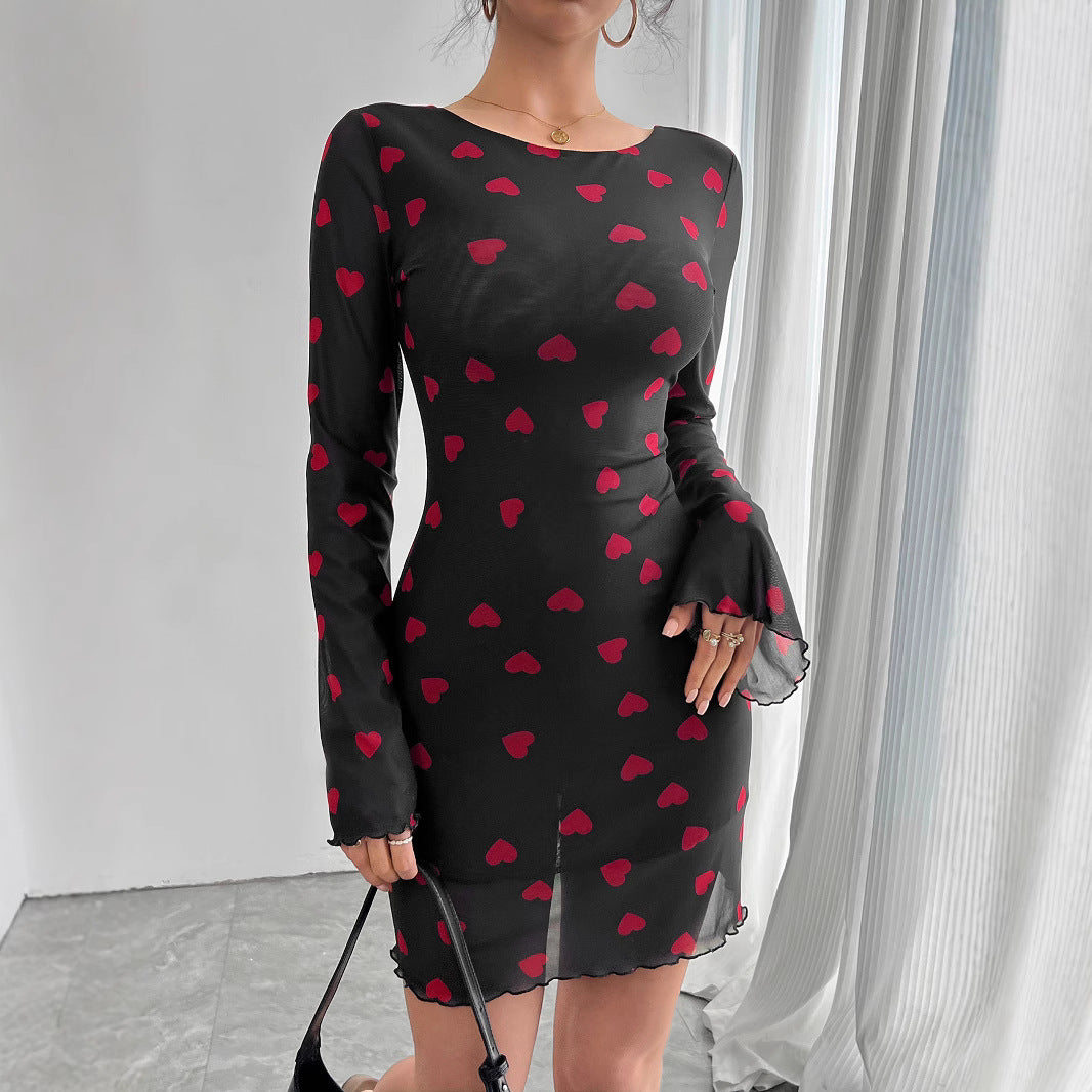 Heart-Print Bell-Sleeve Mesh Dress
