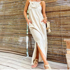 Strap Three Dimensional Floral Strap Cotton Linen Sleeveless Dress