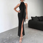 Black Backless Lace-Up Slit Dress