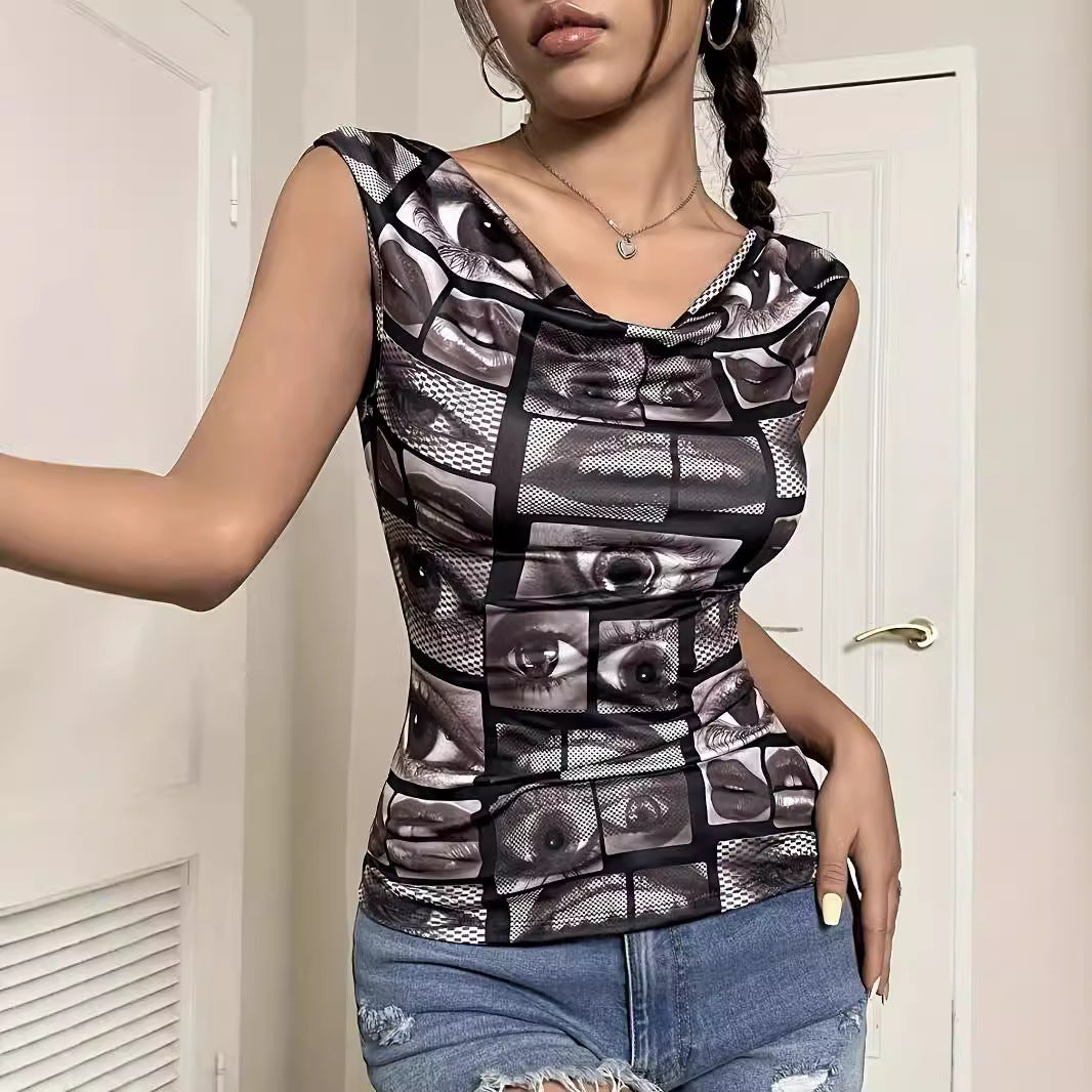 Women's Summer Elegant Special Printed Hollow Out Cutout Backless Sleeveless T Shirt Slim Fit Slimming Top Women