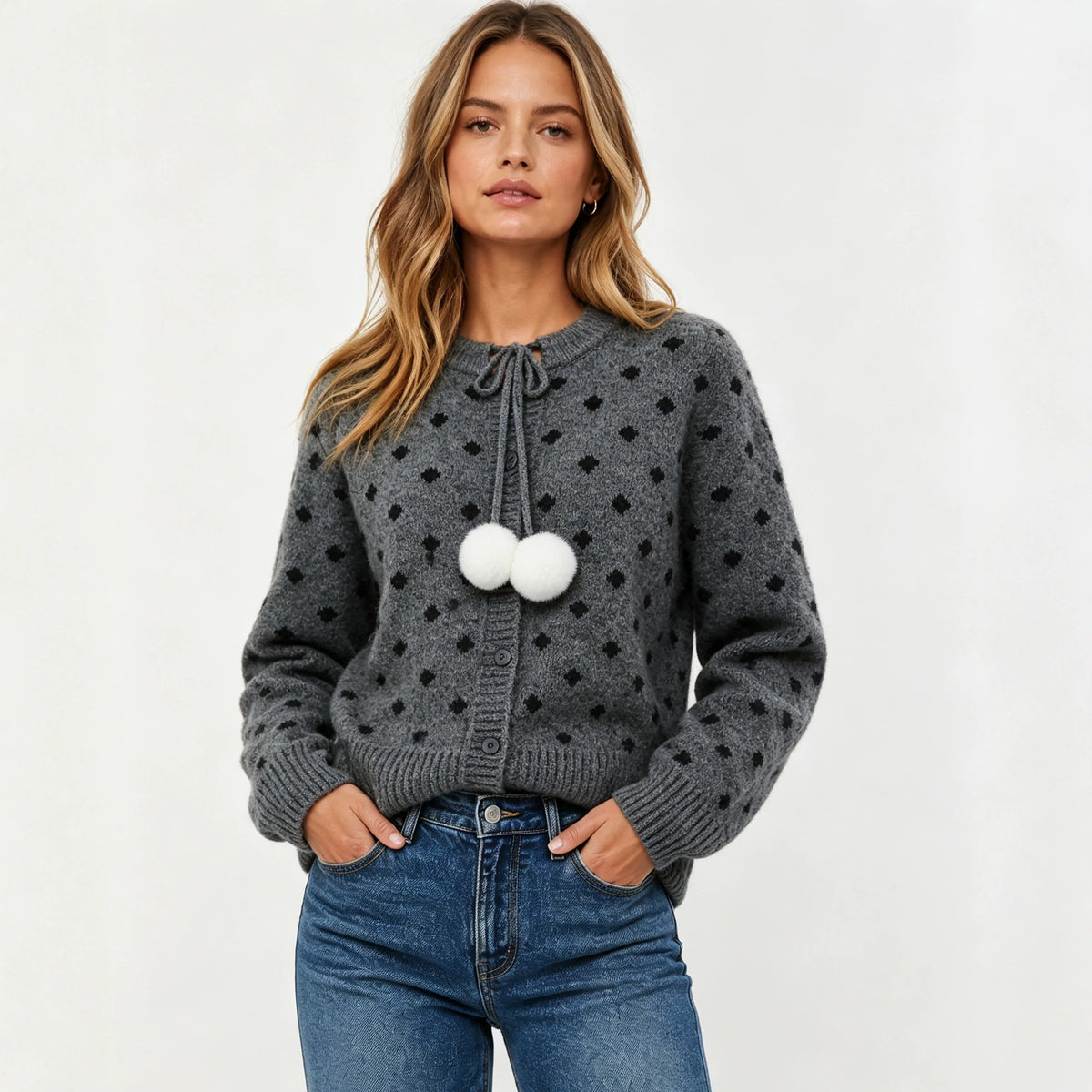 Women's Polka-Dot Jacquard Knit Cardigan