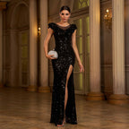 Women's Sequin Lace Ruffled Slit Evening Maxi Dress