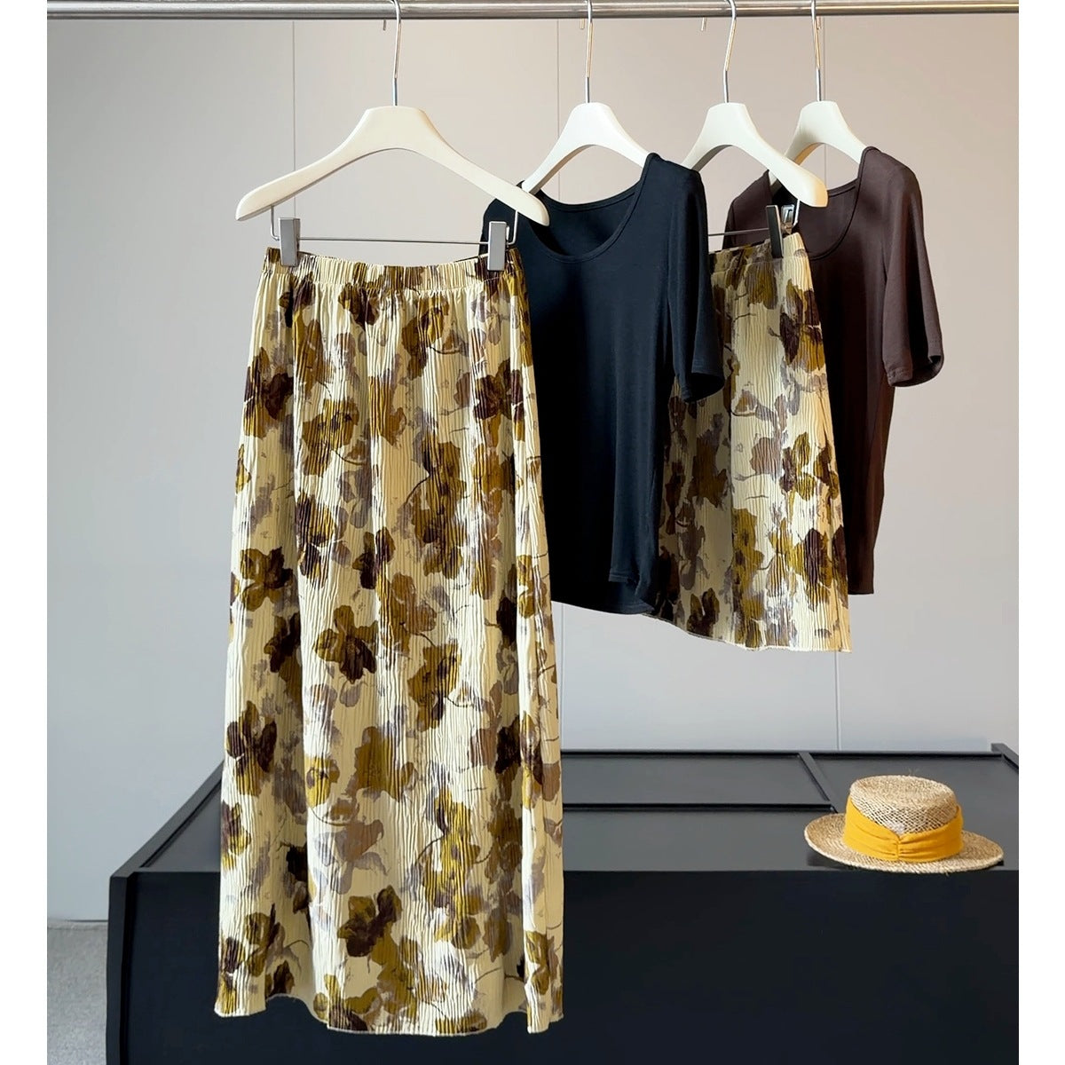Pleated Print Long Skirt Summer Retro Floral HW All