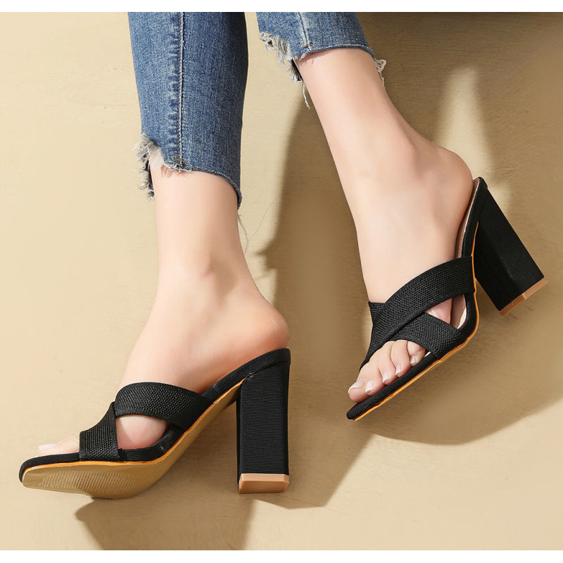 Women's 's Knitted Cross-Strap Chunky-Heel Slippers