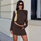 Women's Women Clothing Summer Diagonal Collar Long Sleeve Solid Color Top Slim Fit Short Skirt Two Piece Sets
