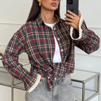 Plaid Retro Pattern Shirt Collared Flared Sleeve Cardigan Loose