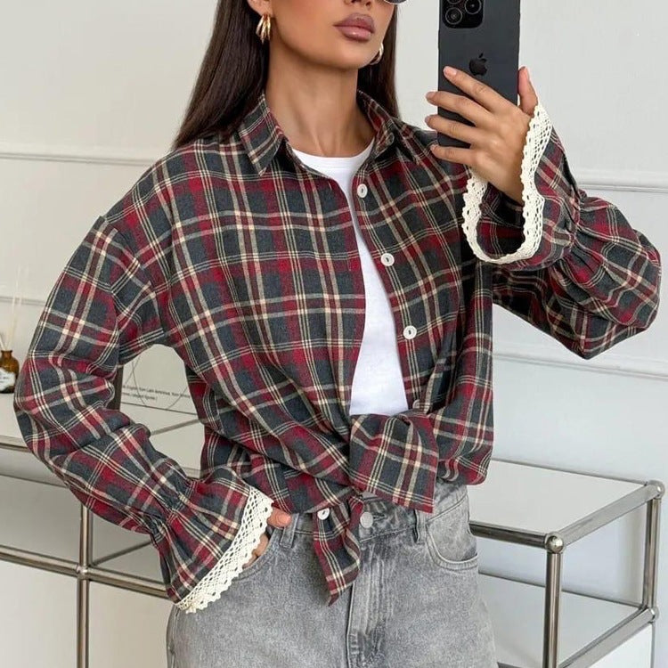 Plaid Retro Pattern Shirt Collared Flared Sleeve Cardigan Loose