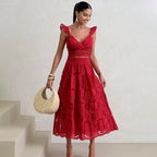 Seaside Holiday Casual Two Piece Sets V neck Flying Sleeves