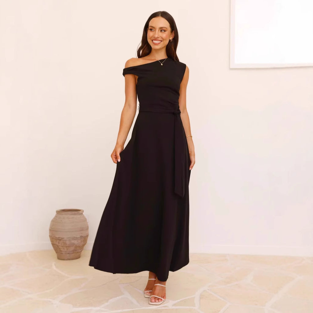 Women's One-Shoulder Asymmetric Belted Office Dress